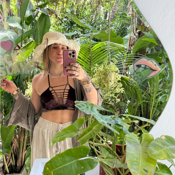 Slit Weave Strappy Brown Purple Green Halter Open Back Deep V Plush Cotton Top - Picture 5 of 8